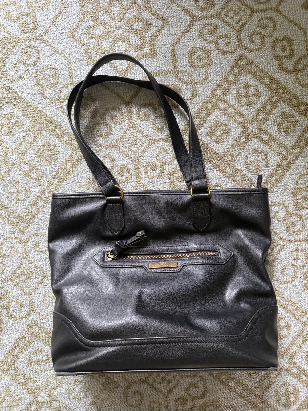 FRYE AND CO. Black Leather Shoulder Tote with Brass Hardware